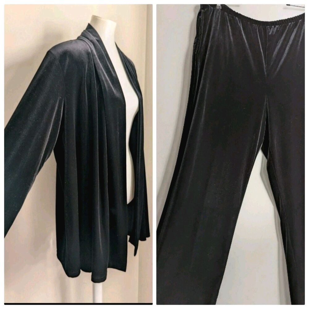 Sag Harbor Black Velvet Velour Pants Swing Jacket Set Stretch 1X XL Casual Plus
